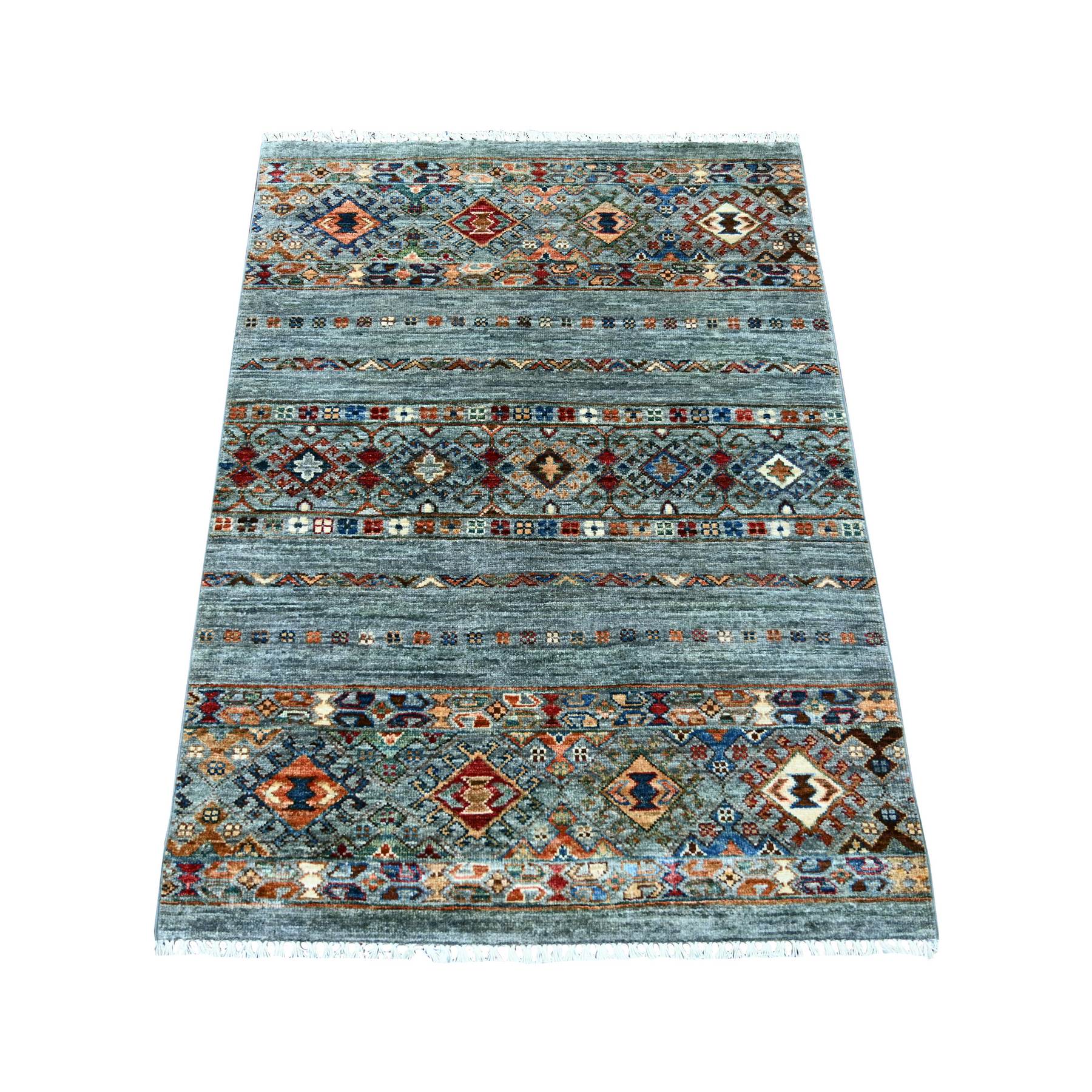 3'x4' Misty Gray, Vegetable Dyes, Afghan Super Kazak with Khorjin Design, Hand Knotted, Pure Wool, Sample, Mat, Oriental Rug 